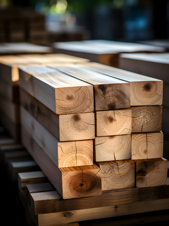 Wooden planks in a warehouse, close-up view.の素材