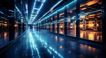 3D render of a corridor in a data center with glowing lightsの素材