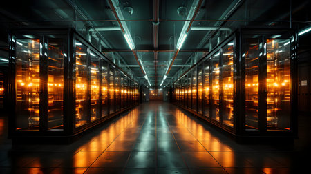 Interior of a server room with lights and reflections in the corridorの素材