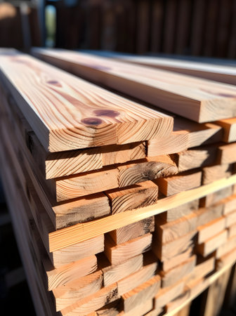 Stack of new wooden studs at the lumber yard, close-upの素材