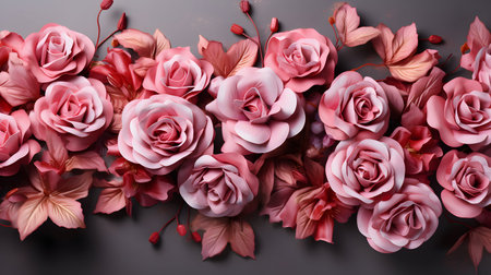 Beautiful pink roses on gray background, top view. Space for textの素材