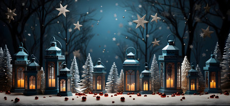 Christmas and New Year background with lanterns, trees and snowflakesの素材