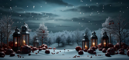 Winter landscape with Christmas lanterns and falling snow. 3d renderingの素材