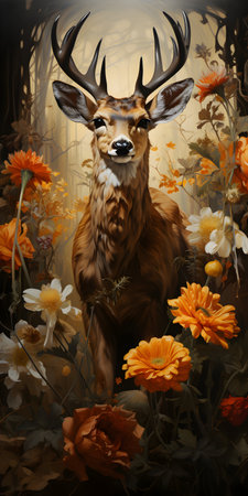 Digital painting of a wild deer sitting in the forest surrounded by flowersの素材