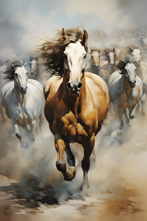 Horse with long mane running in the wind. Digital paintingの素材
