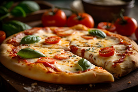 Pizza with mozzarella, tomatoes and basil on wooden backgroundの素材