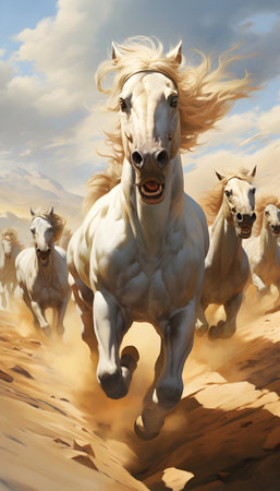 White horses galloping in the desert. 3d render illustration.の素材