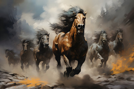 Horses run gallop on the background of fire. Digital paintingの素材