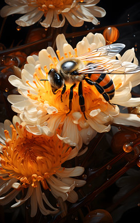 Bee on chrysanthemum flower, close-up.の素材