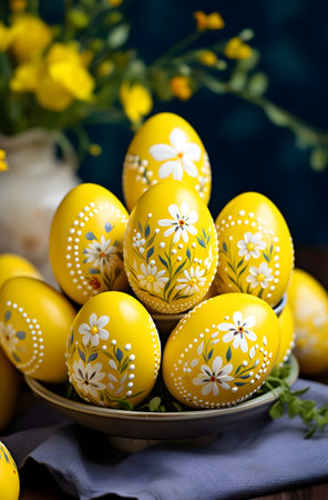 Easter eggs painted in yellow and blue colors on a wooden backgroundの素材
