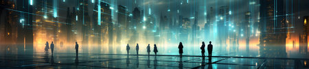 Business people in front of big city panorama. Mixed media.の素材