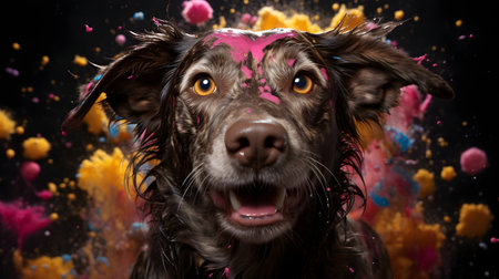 Portrait of a funny dog with pink paint splashes on a black backgroundの素材