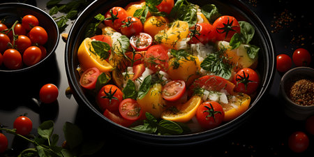 Fresh salad with tomatoes, mozzarella cheese and herbs in black bowl on black backgroundの素材