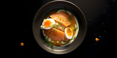 Soup with salmon, eggs and dill on a black backgroundの素材