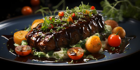Baked pork ribs with vegetables on a black plate on a dark backgroundの素材