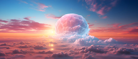 fly above clouds sunset landscape, 3d render illustration of clouds and sunの素材