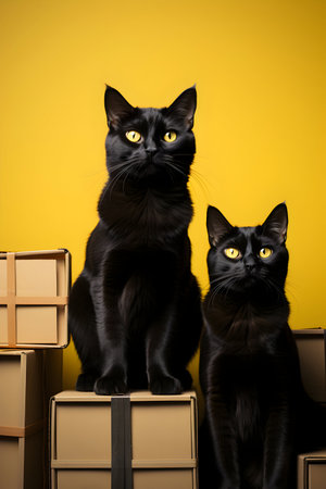 Three black cats sitting on cardboard boxes and looking at camera on yellow backgroundの素材