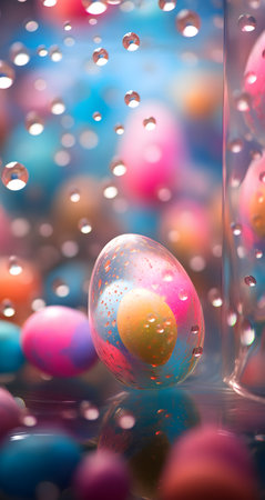 Easter eggs and water drops on a colorful bokeh backgroundの素材