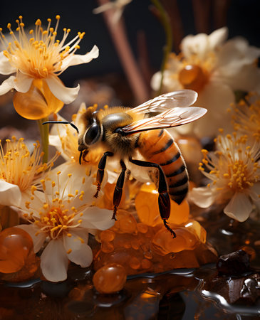 Bee on honeycombs with flowers on a black background. Macroの素材