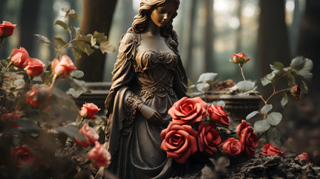 Gothic cemetery with old statue and red roses, shallow depth of fieldの素材