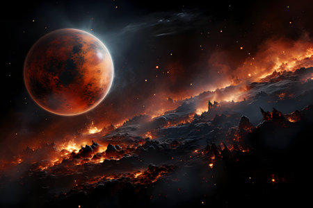 Fiery planet in space. 3D rendering. Elements of this image furnished by NASAの素材