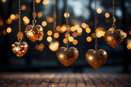 Valentine's day background with golden hearts hanging on bokeh lightsの素材