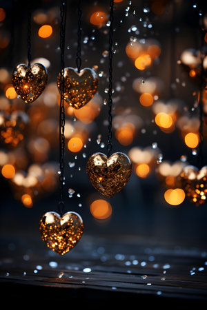 Golden hearts hanging on a rope with bokeh lights background.の素材