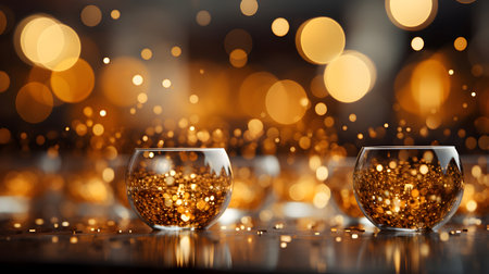 Two glasses of cognac with golden bokeh background, close upの素材