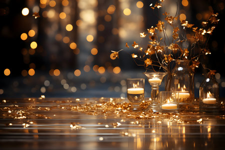 Burning candles in glass vases with golden confetti on dark backgroundの素材