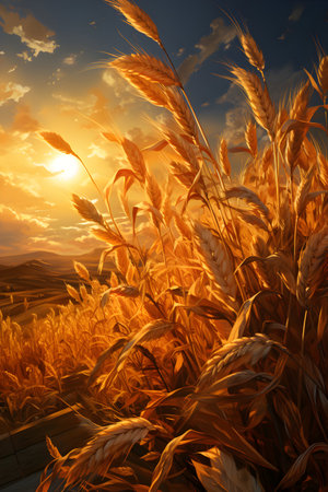 Wheat field at sunset. 3D illustrations. Nature composition.の素材