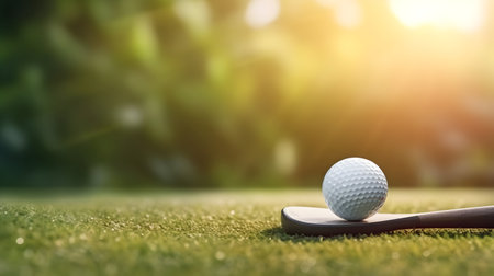 Golf ball on green grass. Golf club and golf ball on green grass.の素材
