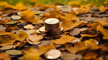 coins and autumn leaves on the grass, saving money for the futureの素材