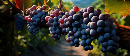 Ripe red wine grapes in vineyard ready for harvest, close upの素材