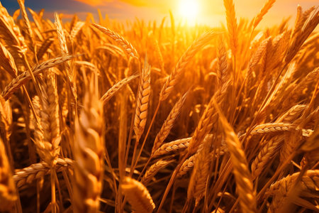 Wheat field. Ears of golden wheat close up. Beautiful Nature Sunset Landscape.の素材