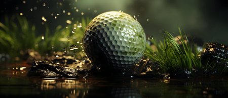 Golf ball on the grass with water drops. 3d illustrationの素材