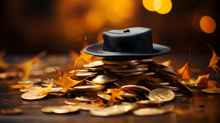 Coins and hat on the background of a burning fireplace in the autumn forest.の素材