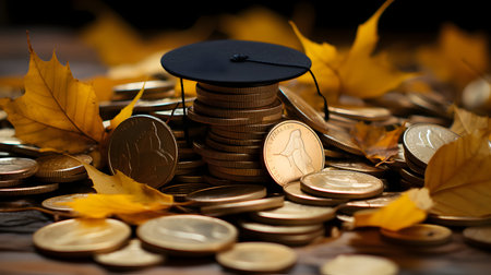 Graduation cap and coins on the background of autumn leaves. Education conceptの素材