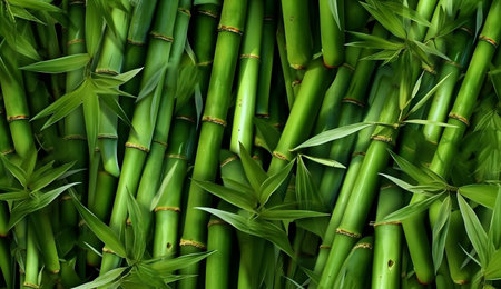 Green bamboo background. Close-up of bamboo stems and leaves.の素材