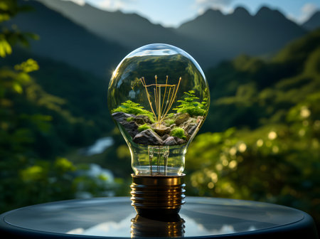 Glass lightbulb with green plant inside and mountains in the backgroundの素材