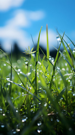 Green grass with dew drops on the background of the blue skyの素材