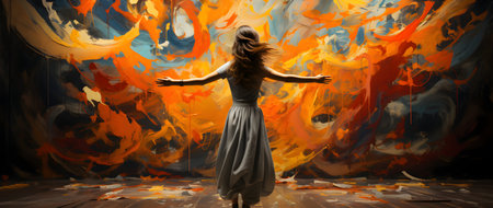 Beautiful young woman in a long gray dress dancing on a colorful backgroundの素材