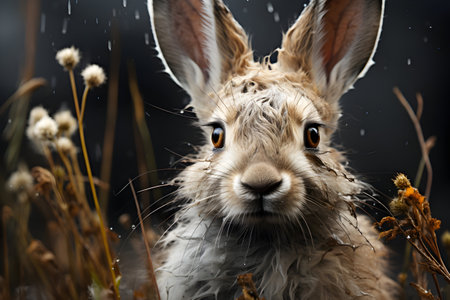 Rabbit in the meadow in the rain, close-upの素材