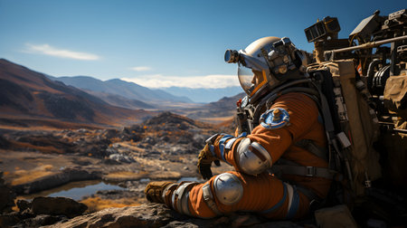Astronaut in space suit and helmet on the background of mountainsの素材