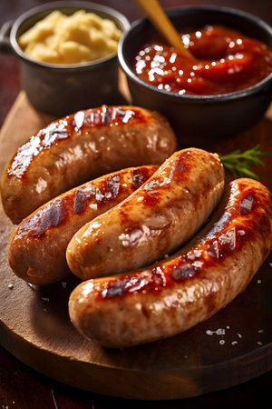 Grilled sausages with ketchup and mustard on wooden boardの素材