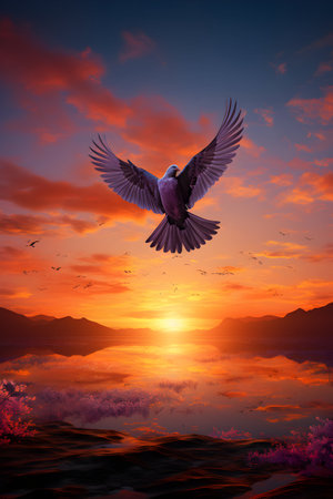 Pigeon flying in the sunset sky. 3d rendering.の素材