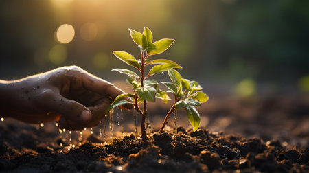 Human hand planting a young plant on fertile soil with sunlight in the morningの素材