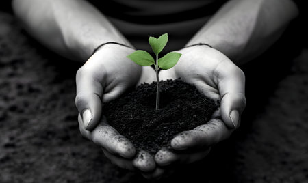 Hands holding a young plant with soil as a symbol of nature protectionの素材