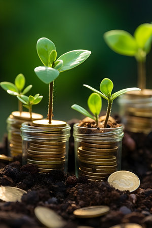Green seedling growing out of coins on blurred background. Money growth conceptの素材