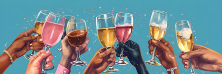 Hands clinking glasses of champagne with splashes isolated on blue backgroundの素材