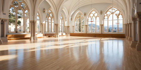 Interior of a catholic church with wooden floor and white wallsの素材